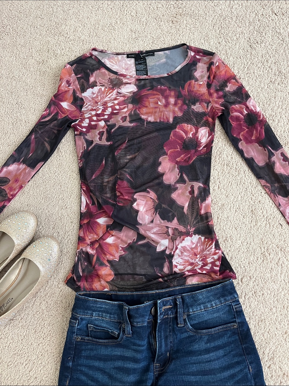 WHBM Floral Mesh Long-Sleeve Top